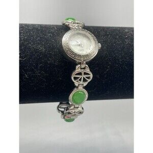 7” Silver Quartz Watch With Faux Jade Cabochons New Battery!  Works!